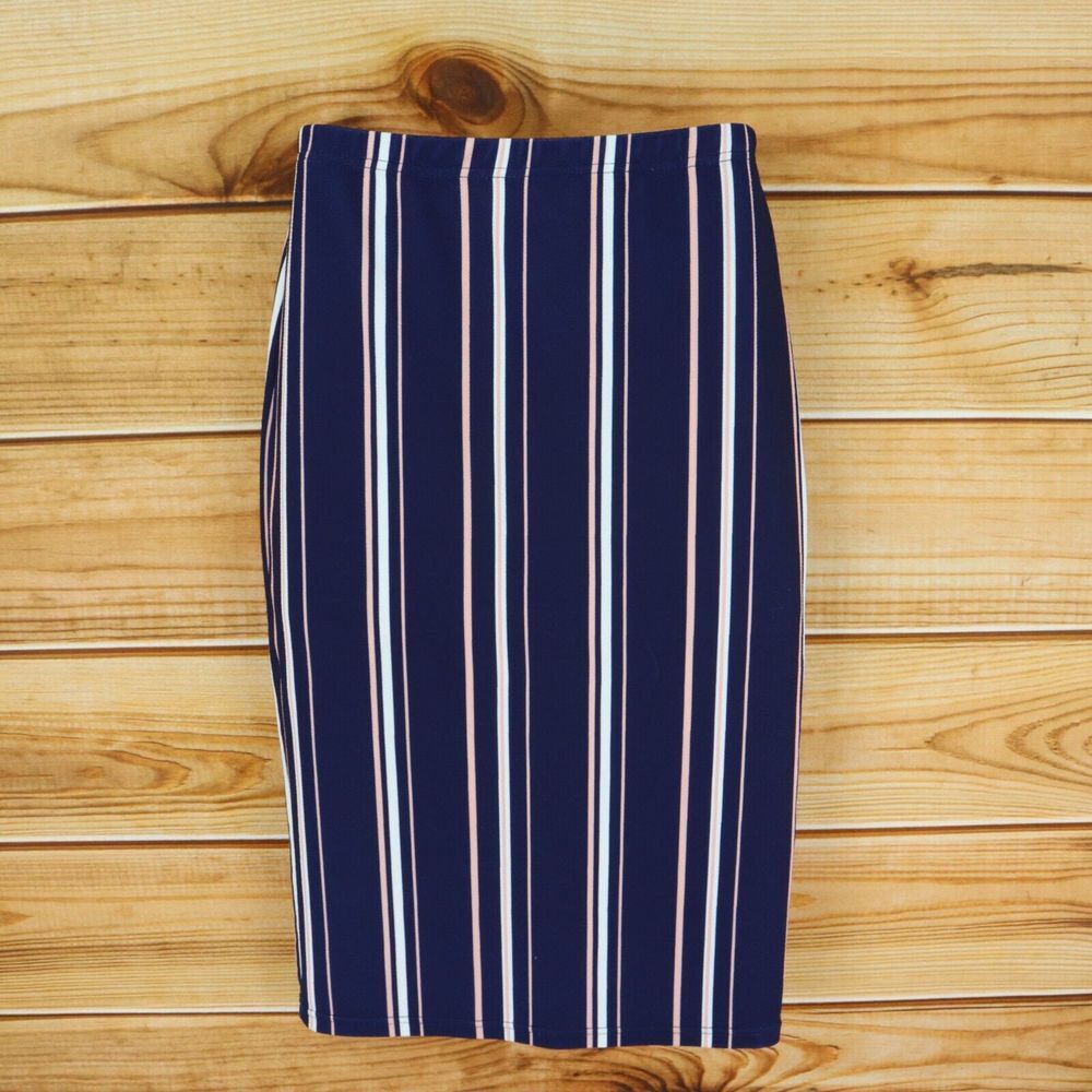 Shein‎ Skirt Midi Straight Womens Size L Blue Multicolor Stripes STRETCH Pull-On